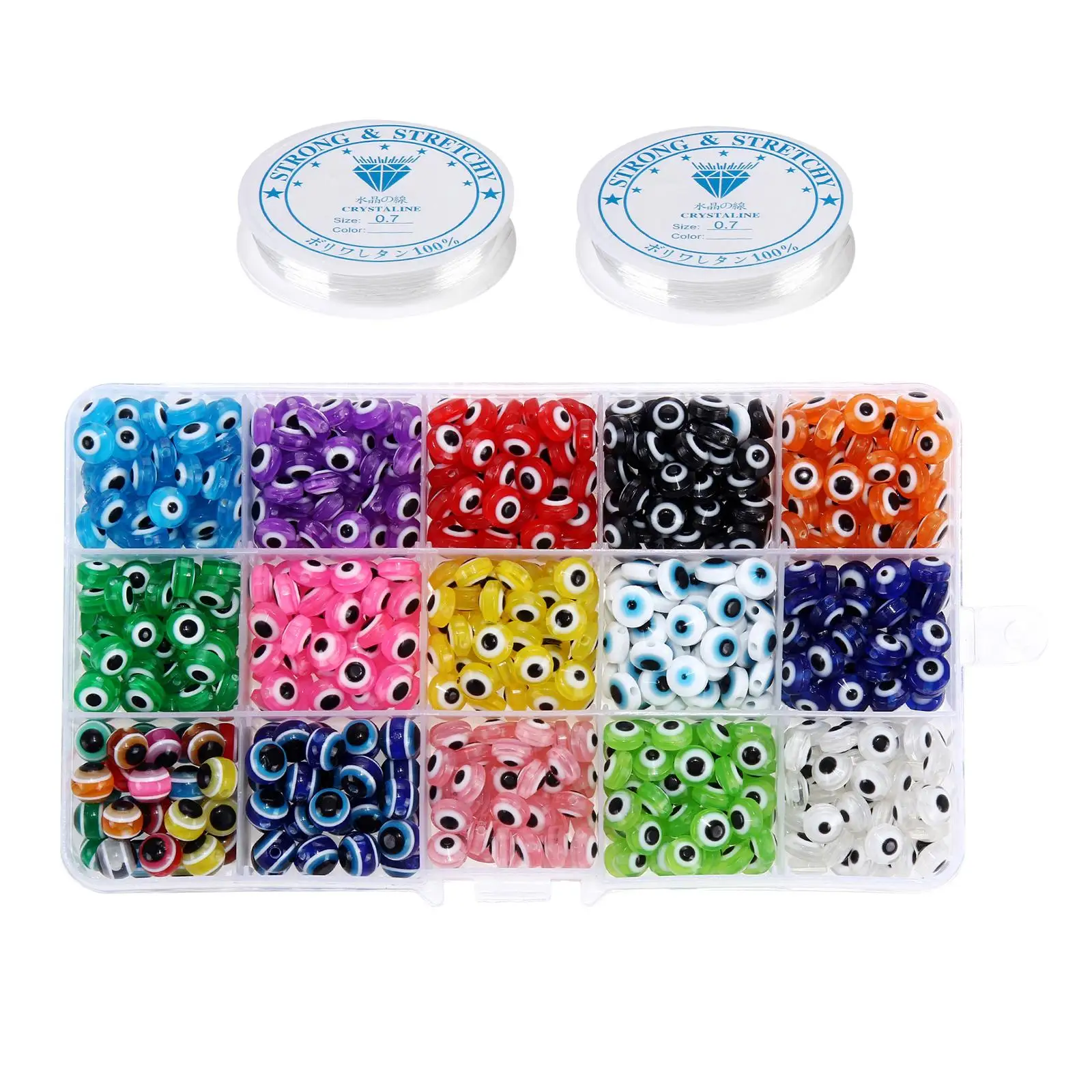 Resin Evil Eye Beads 8mm Round 450pcs Multicolor Spacer Beads for Jewelry Making Kit with 2 Rolls Elastic Threads