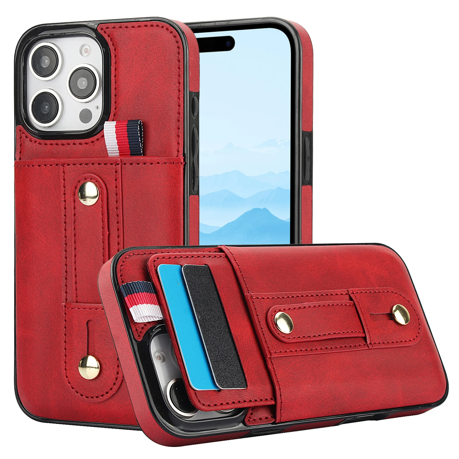 

Leather Card Holder Wallet Case For iPhone 16 Pro Max 15 14 13 12 11 XR X, Adjustable Finger Holder Strap Cards Slot Phone Cover