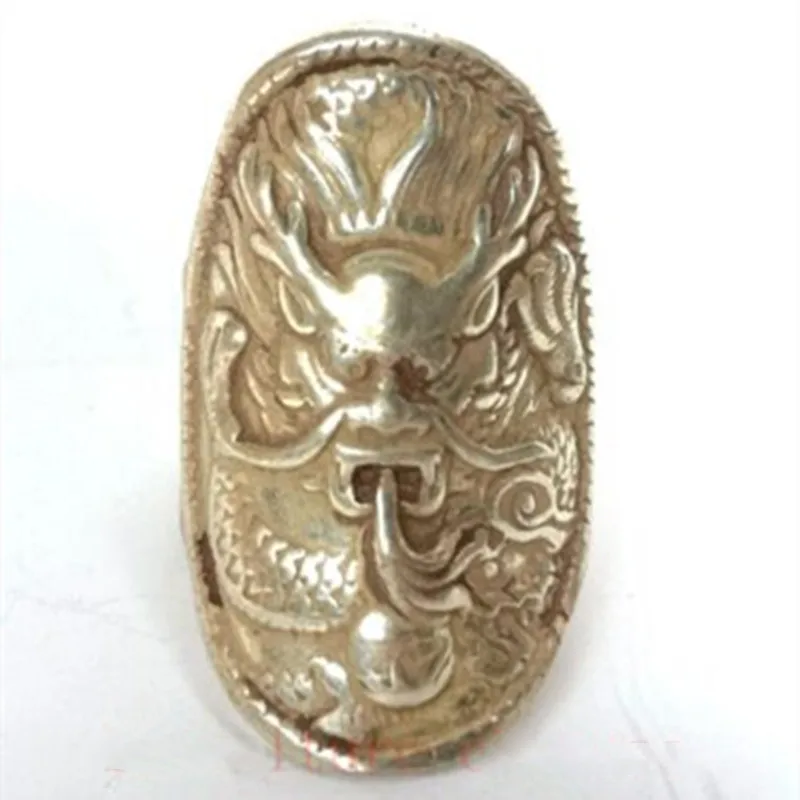 Chinese Tibet Silver Handmade Dragon Statue Ring Old Ornament Gift Collection