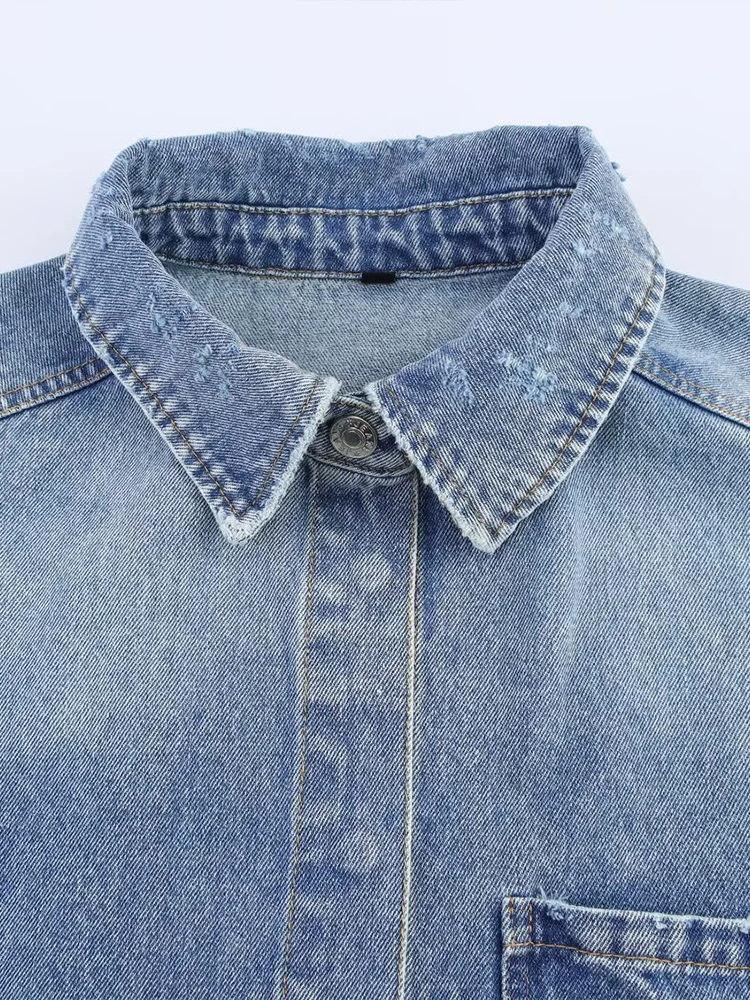 منتجات صيفية جديدة على الطراز الأوروبي والأمريكي ملابس نسائية بفتحة قصيرة من قماش الدنيم وسترة جينز مستقيمة متوسطة الخصر #3