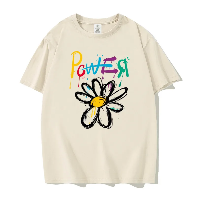 New Kpop Bigbangs G-DRAGONS T-shirt GD POWER Letter Graffiti Daisy Print Short Sleeve Male Female Couple Fans T-shirt Casual Top