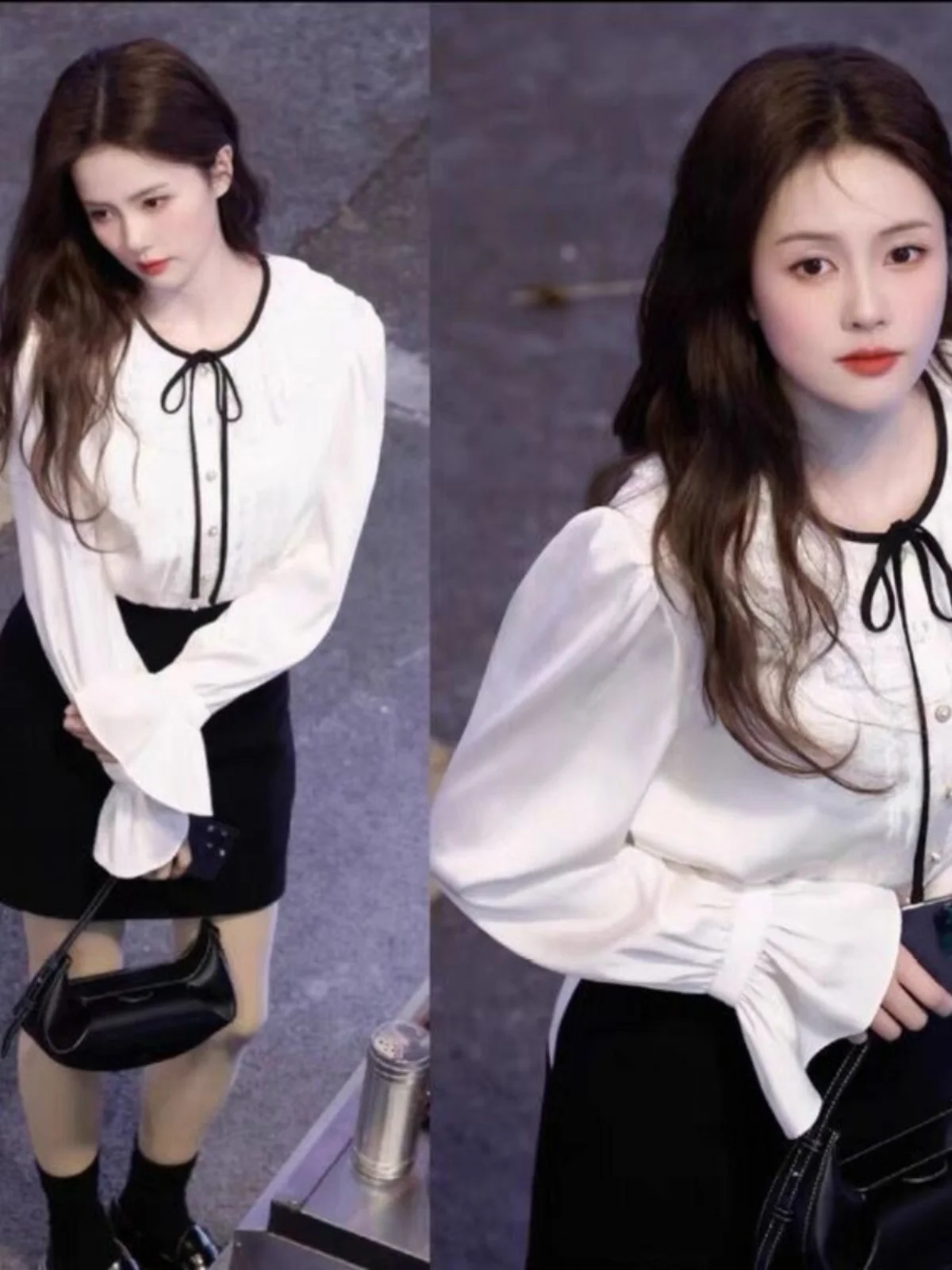 

Black Lace Bell Sleeve Shirt Women's Loose Fit Regular Length EXJR Love as Camp Zheng Shu Hem Trimmed Blouse for Women