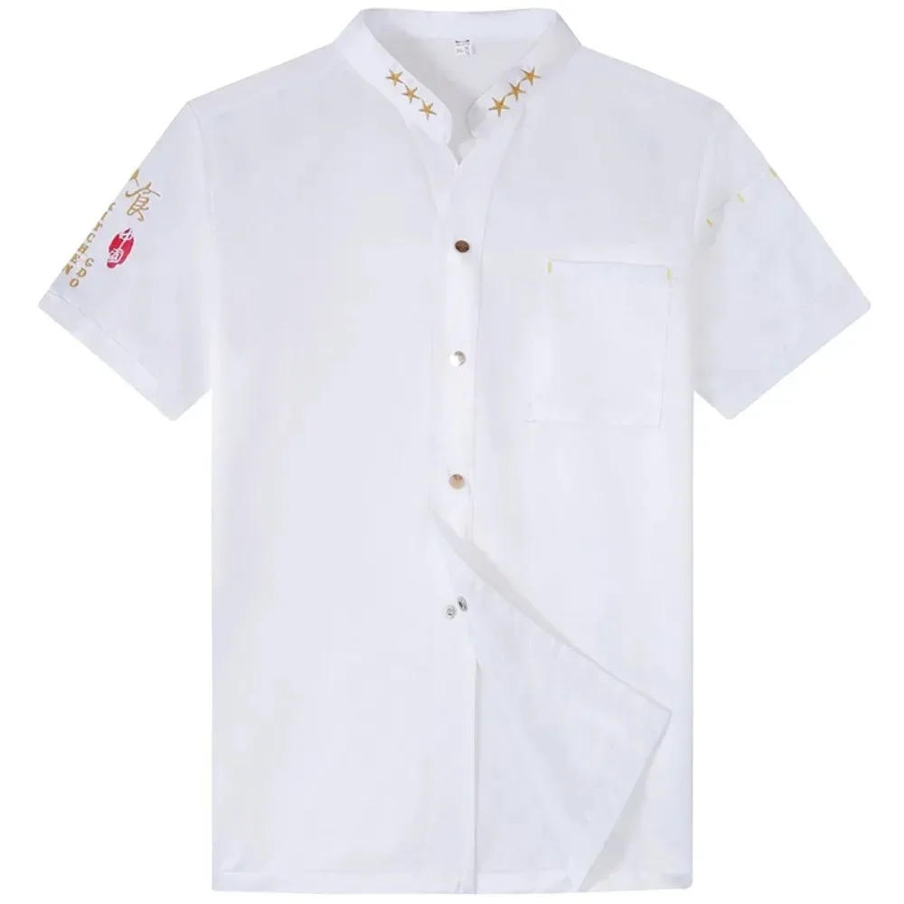 Chef-werkkleding met V-hals voor mannen en vrouwen in de lente en zomer, witte hotelcatering, keukenwerkkleding met korte mouwen