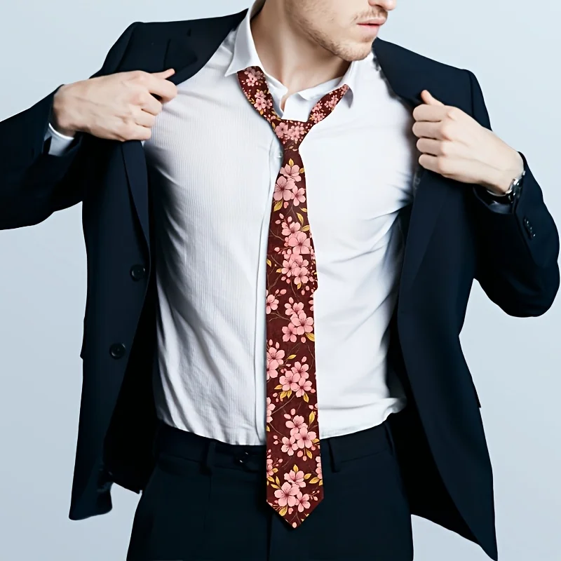Beautiful Pink Cherry Blossom Theme Print Necktie Perfect for Parties Holidays and Casual Attire Holiday Fashion Accessory