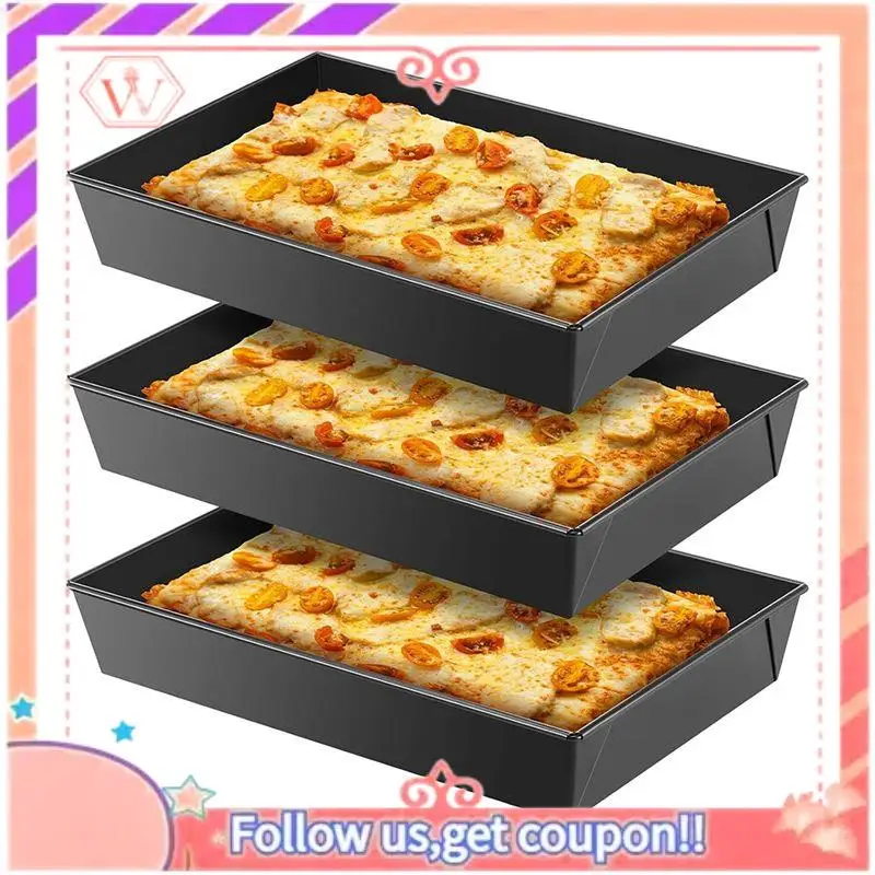 Pre-Seasoned Detroit Style Pizza Pan Set, 3 Non-Stick Hard Rectangular Sicilian Bakeware Pans Highly Recommended