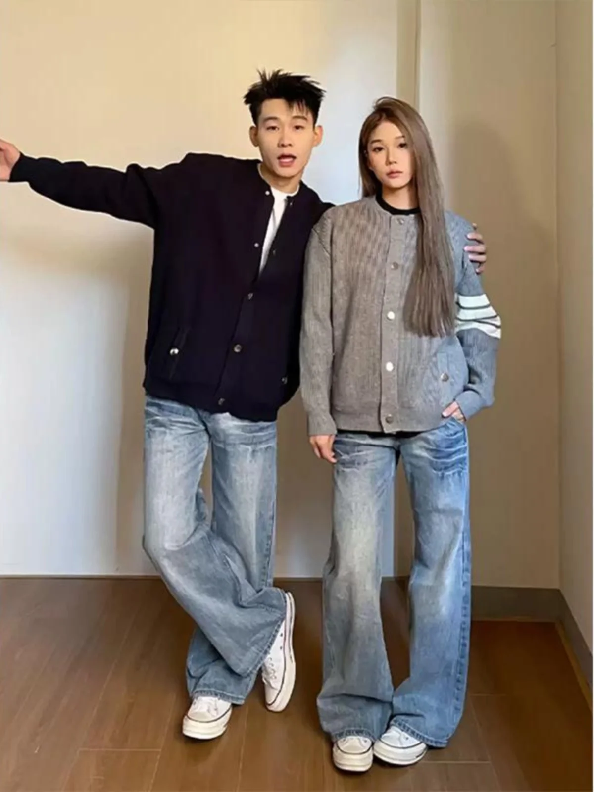 

American Sle Retro Waed Jeans Men's Spring Trendy Brand Straight High Waist Loose Wide Leg Micro Flared Pants