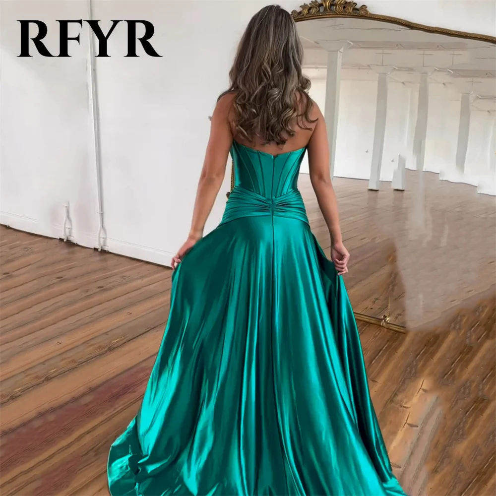 RFYR Turquoise Stain Beach Prom Dresses Side Split Party Dress Sleeveless Strapless Evening Dress Zipper Back vestidos de noche