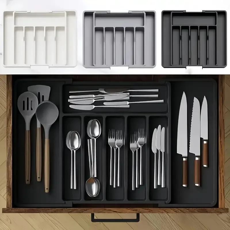 Adjustable Cutlery Drawer Organizer Expandable Plastic Silverware Tray Divided Kitchen Utensil Storage for Knives Forks Spoons