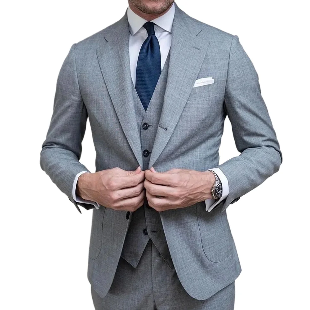 Grey Suits for Men Single Breasted Formal Business Blazer Wedding Groom Tuxedo Slim 3 Pieces Jacket Vest Pants Costume Homme