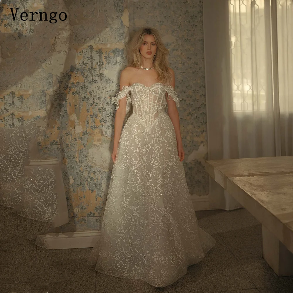 

Verngo lvory Lace Wedding Dress Boho A Line Off The Shoulder Bridal Gowns Elegant Sweap Train Women Bride Dress Customized