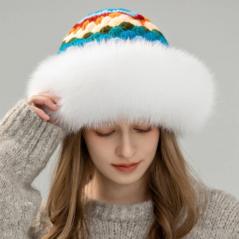 

2026 New Genuine Real Pure Fox Fur Hat Cap Luxury Women Handmade Knit Fashion Winter Headwear Warm Real Fox Fur Beanies