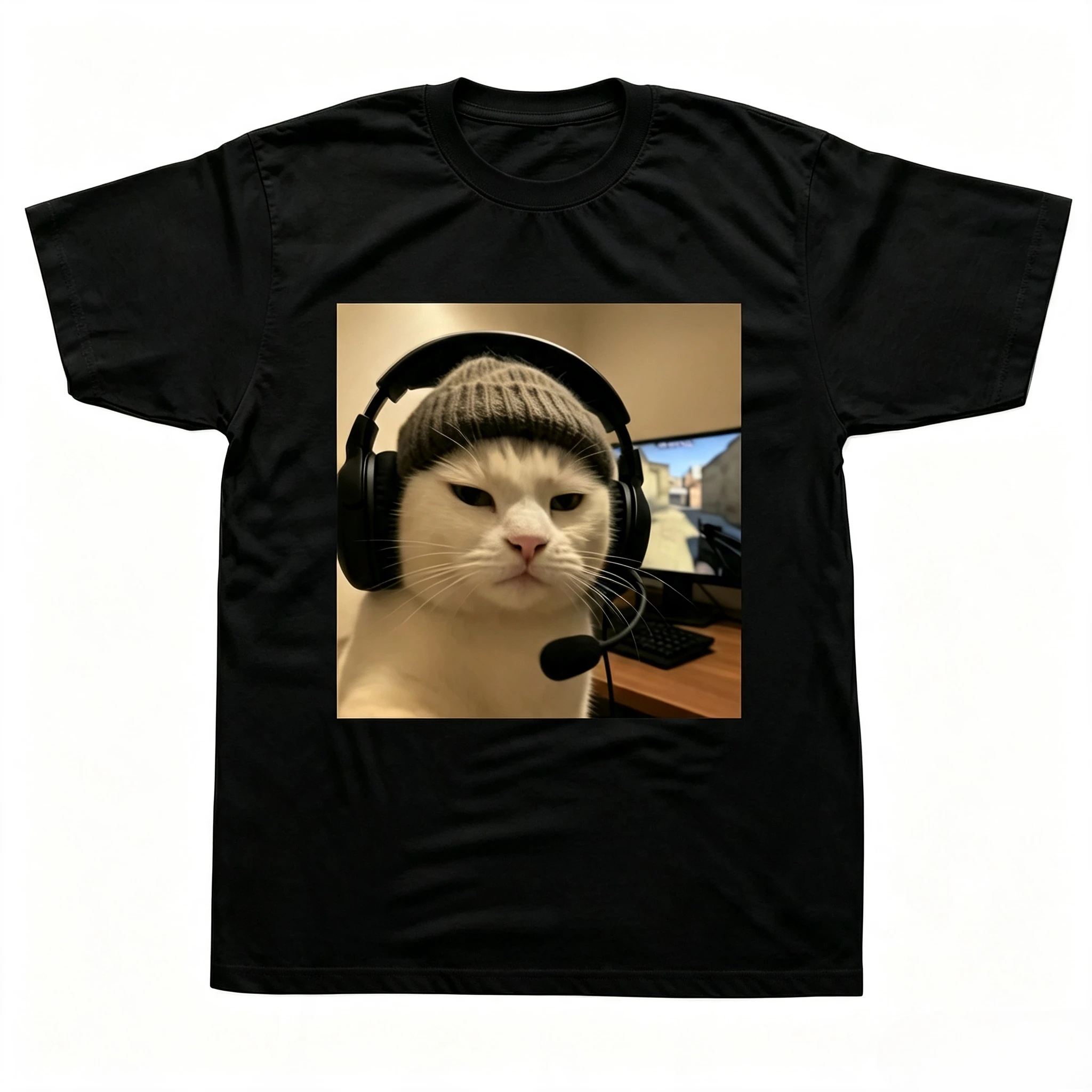 Summer New Loose Men Women T-shirt Gamer Cat with Headset Graphic Print Soft Cotton Breathable Daily Casual Tops