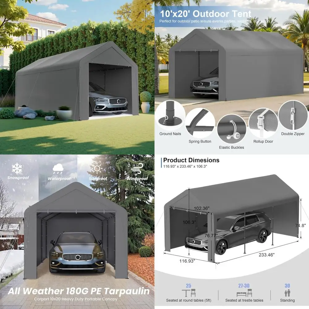 

carport 10x20 heavy duty portable garage w/removable sidewalls & roll-up door car canopy party tents waterproof uv resistant all