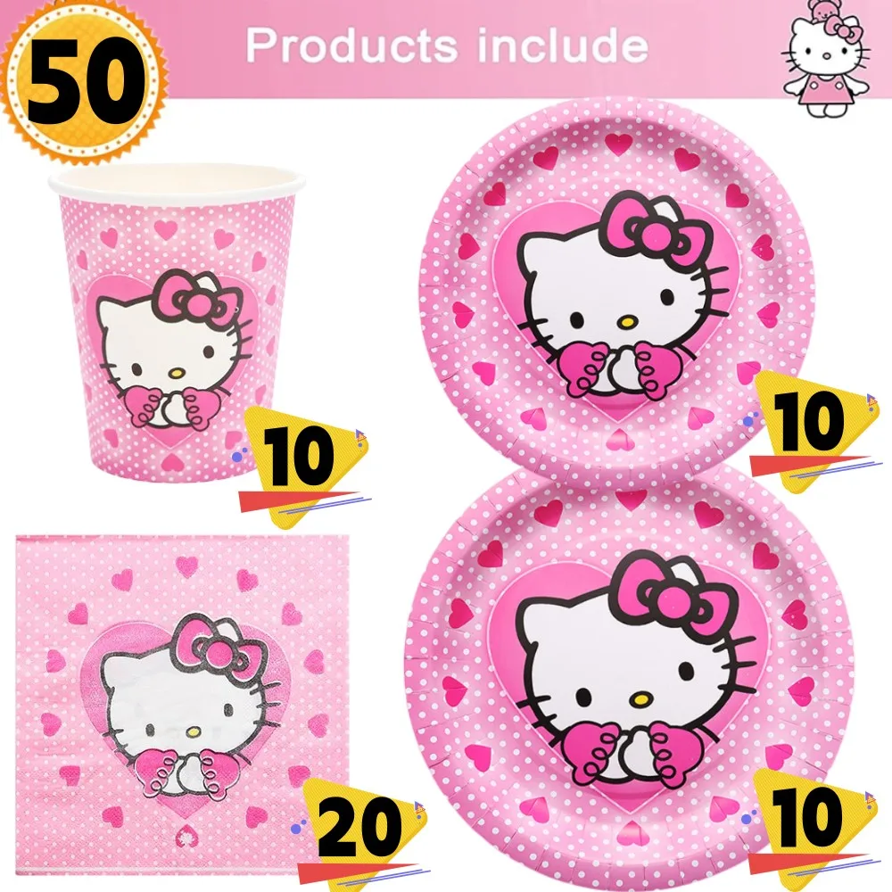 Hello Kitty Birthday Party Decoration Children\'s Theme Paper Cup Plate Napkin Balloon Baby Shower Kids Girls Party Gift Toys Set