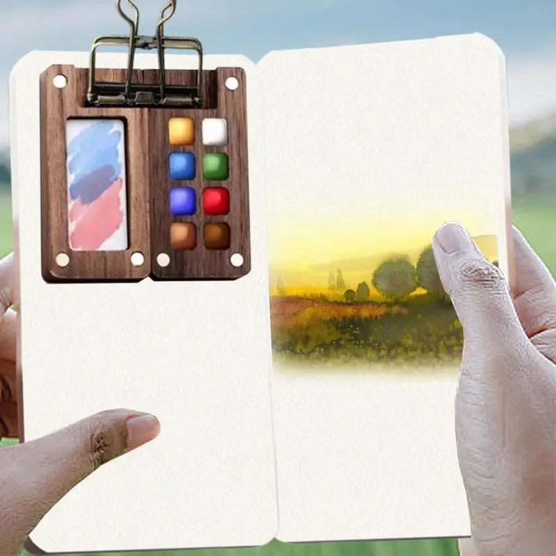 Mini Portable Watercolor Palette Set Watercolor Sketch Book with Binder Clips Portable Watercolor Travel Set for Travel Drawing