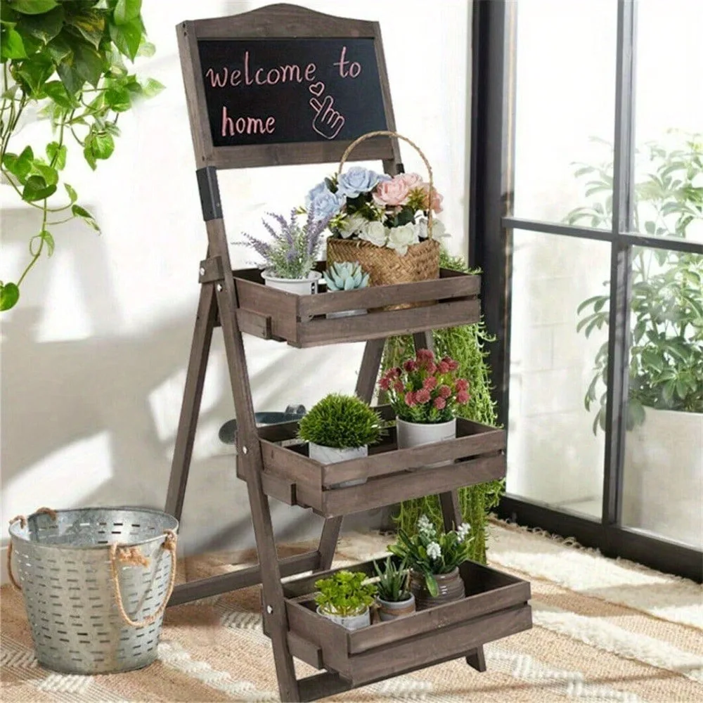 3-Tier Planter Pot Stand Shelf Display Garden Botanical Chalkboard Unit Ladder