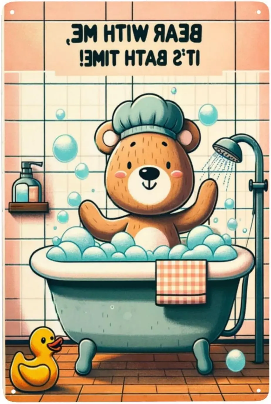 Bubble Bear Bliss - Quirky Bear Bath Tub Metal Wall Art, Cartoon Bear Bathtime Decor, Comical Bathroom Tin Sign, Perfect fo sign