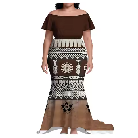 New Design 2025 Women'S One-Shoulder Short-Sleeved Floor-Length Dress Polynesian Samoa Cocktail Party Evening Dress