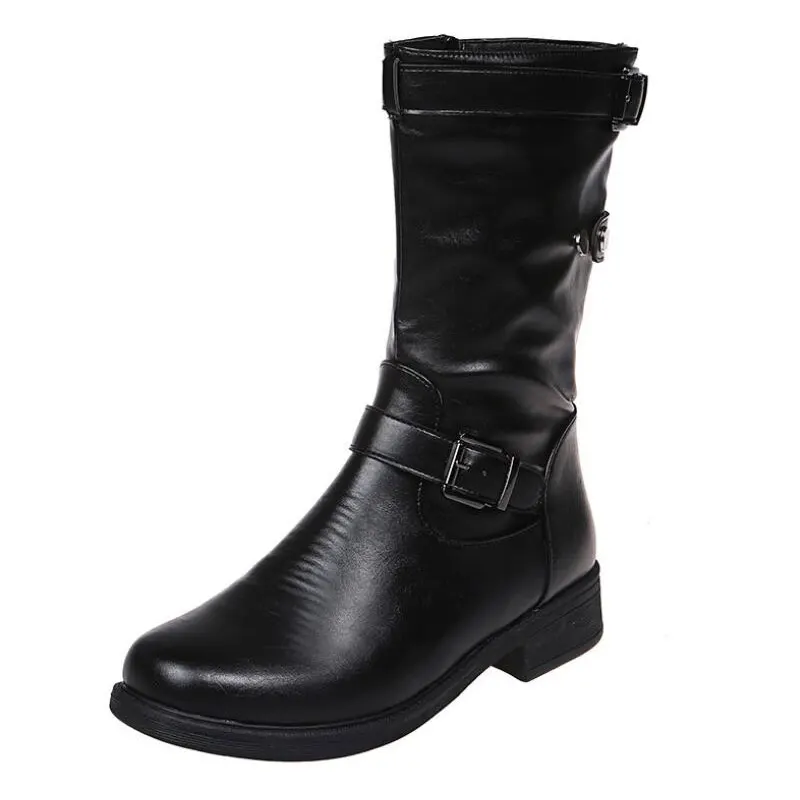 Women Buckle Mid-Calf Boots Female Low Square Heel Zipper Half Boots 2023 Woman Fall Winter Pu Flat Shoes Black Gray Size 43