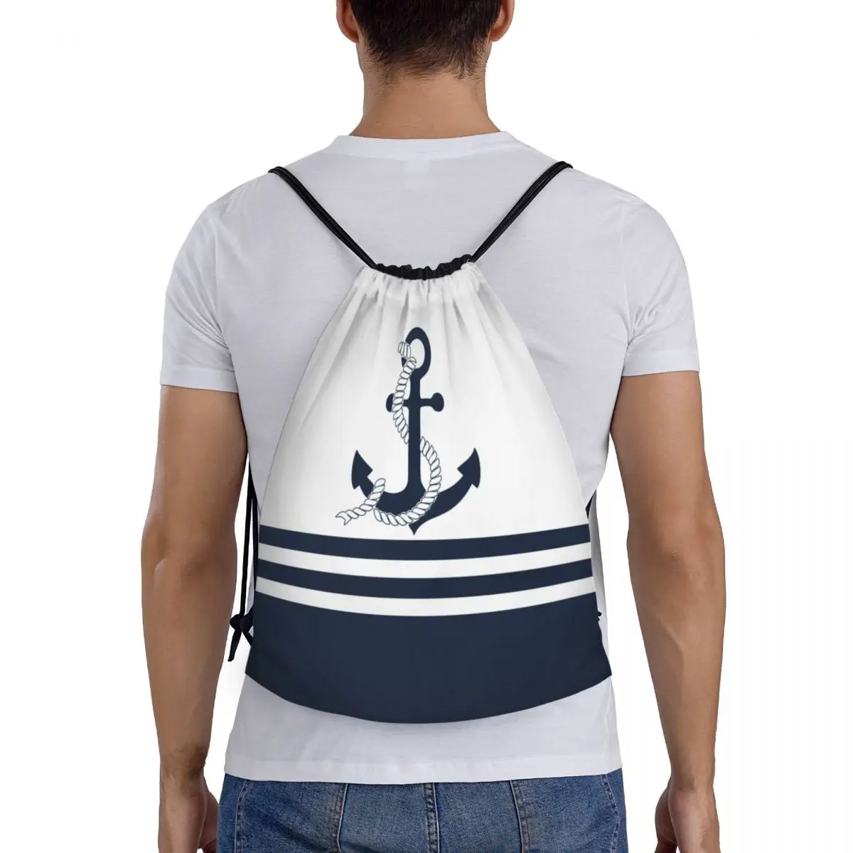 Custom Nautical Blue Anchors With Blue And White Stripes Drawstring Bags Lightweight Sailing Sailor Sports Gym Storage Backpack