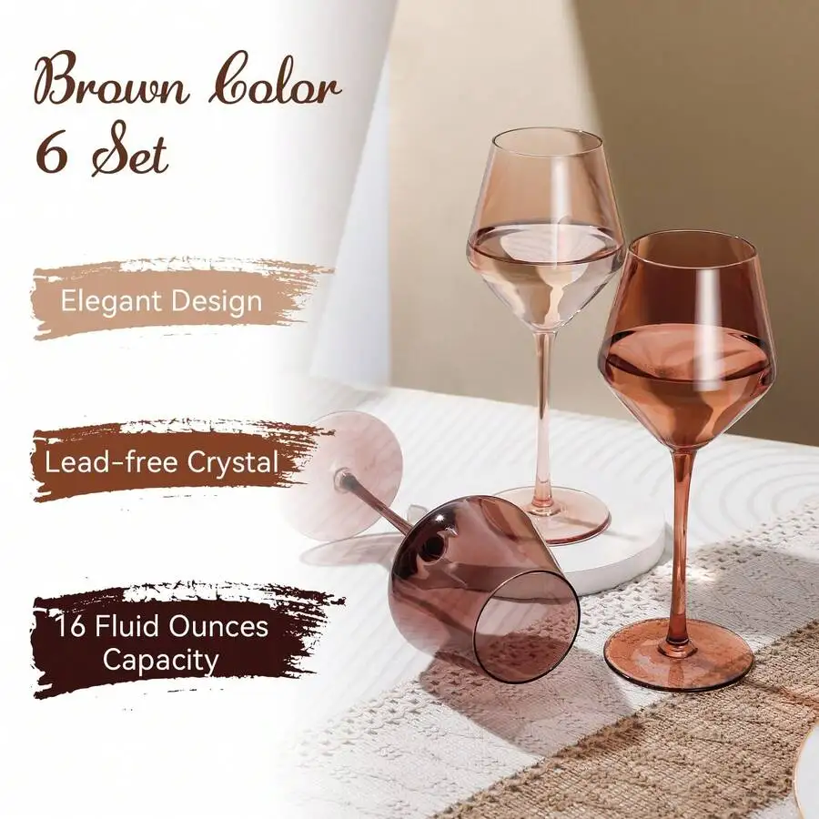 Venus Wine Glasses Set 6-16oz Colored Wine Glasses With Stem[HandBlown] Amber Wine Glasses Set,Unique Brown Wine Glasses For Hom