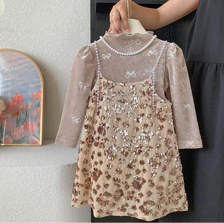 

New Baby Girls Fall Boutique Fashion Sets Underwear + Vest Sequined Dress Princess Elegant Suits 2-7T