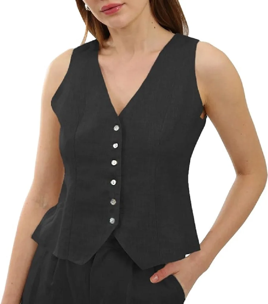 Women's single chest vest linen V-neck sleeveless versatile casual vest Women's jacket Spring Women's 2024 Spring/Summer