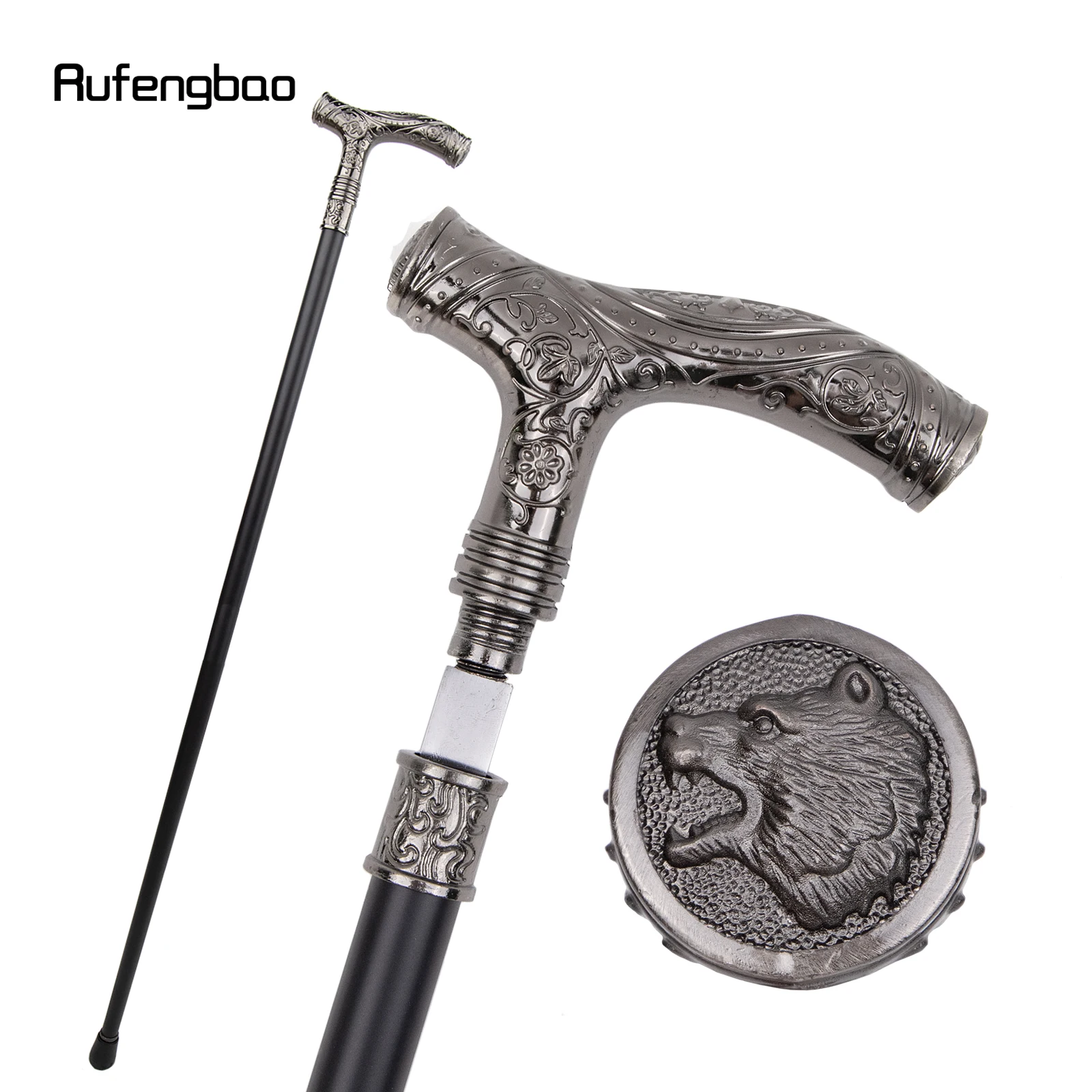 Silver Roaring Bear Head Flower Single Joint Walking Stick with Hidden Plate Self Defense Fashion Cane  Cosplay Crosier 93cm