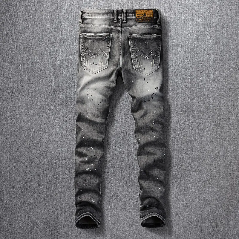 Street Fashion Men Jeans High Quality Retro Black Gray Elastic Slim Fit Ripped Jeans Men Patched Designer Vintage Denim Pants
