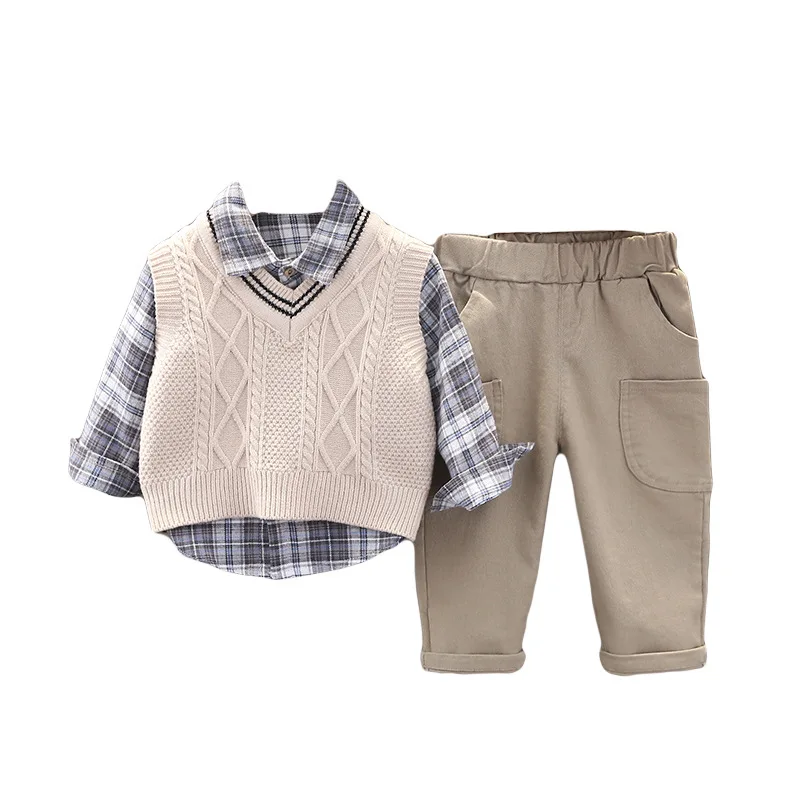 2023 Spring Autumn 3PCS Boys Clothing Set Baby Boys Sweater Vest Long-sleeve Shirts Cargo Pants Clothes Set Infant Children Suit