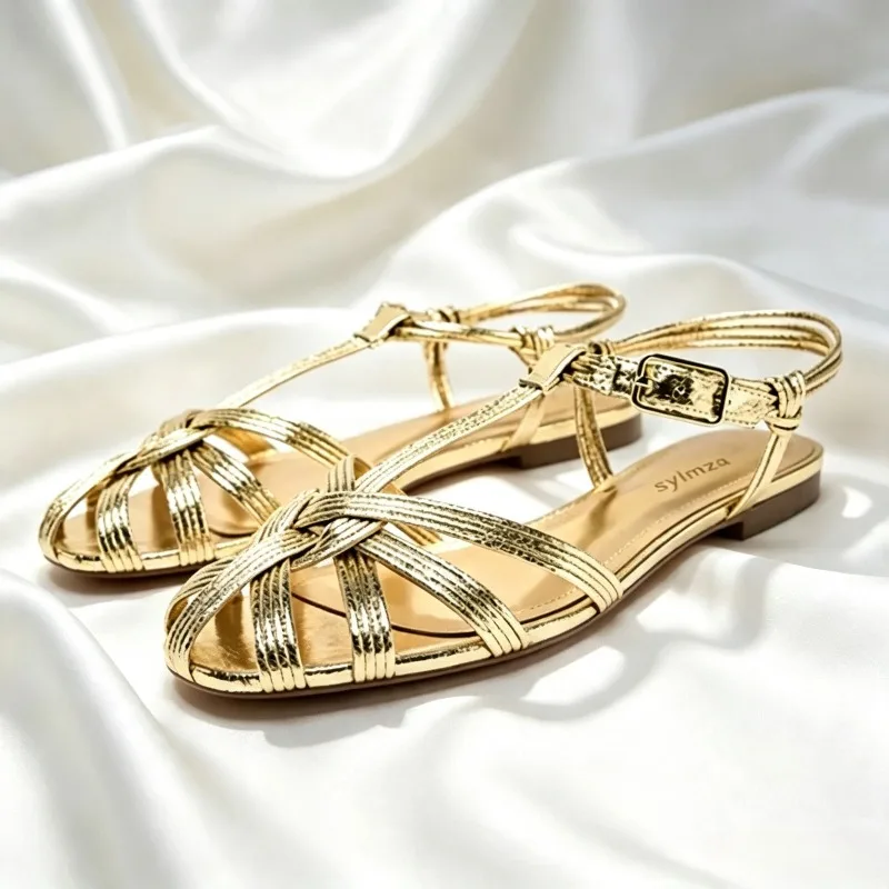 Sexy Gold Flat Sandals Women Fashion Hollow Narrow Band Gladiator Sandal Elegant Ankle Buckle Beach Shoe Comfortable Women Shoes
