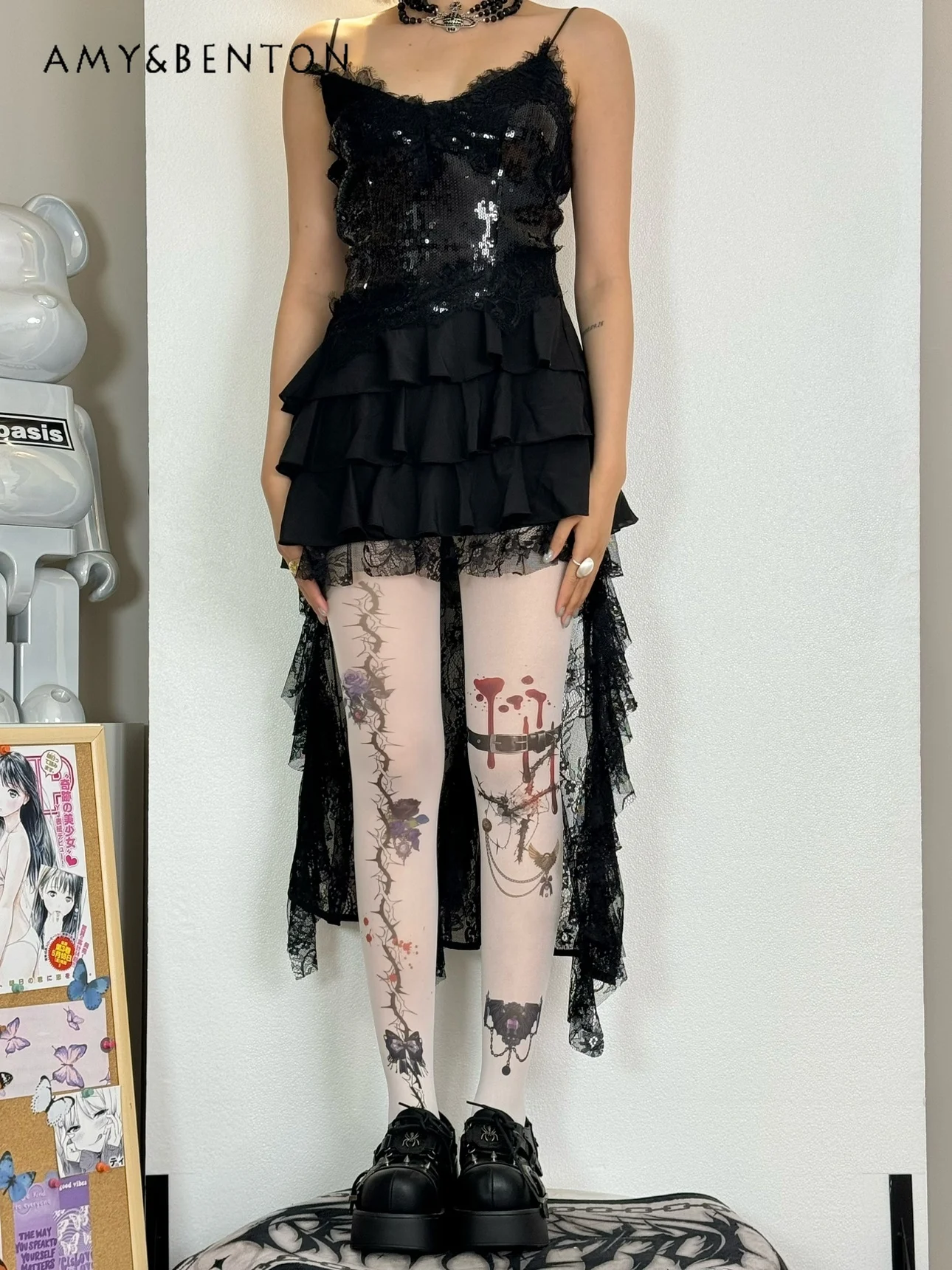 Dark Girl Purple Flower Print Street Gothic Pantyhose Japanese Animation Print Stockings Subculture Lolita Thigh High Stockings