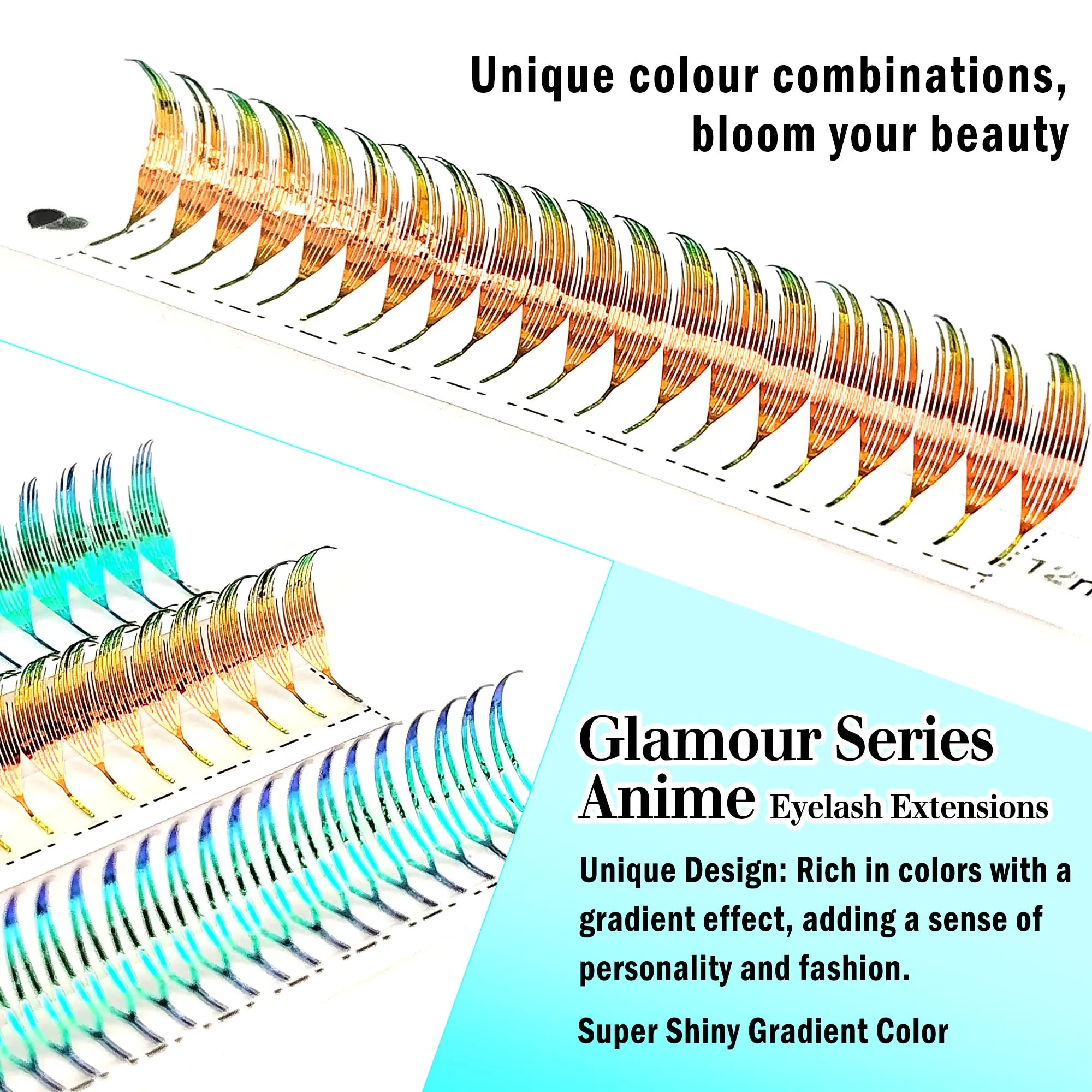 CoMango Extensões de cílios glamourosas Comic Spire, premium, dupla face, coloridas, postiços 0,07mm mix 8-15mm