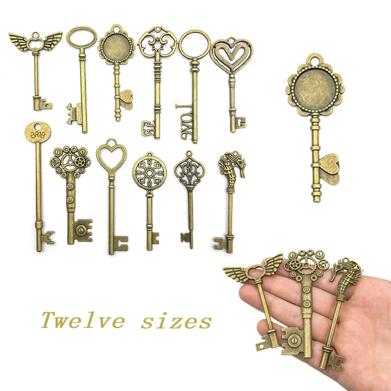 2Pcs Antique Cyan Keys Vintage Charm Pendant Set DIY Handicraft Accessories Metal Bracelets Jewelry Made For Home Decoration