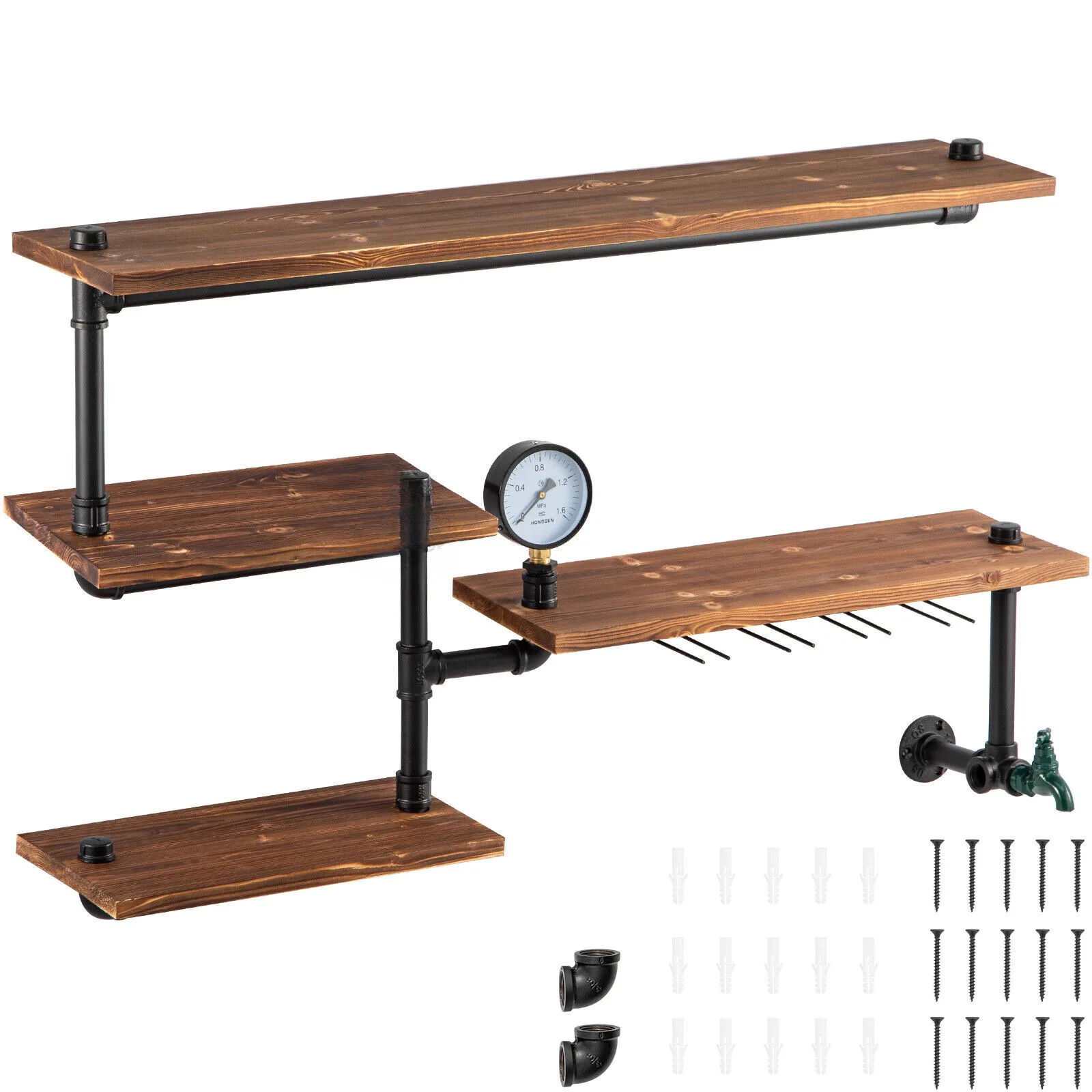 

Pipe Shelves Industrial Iron Pipe Wall Mounted w/ 4-Tier Wood Planks Brown United States