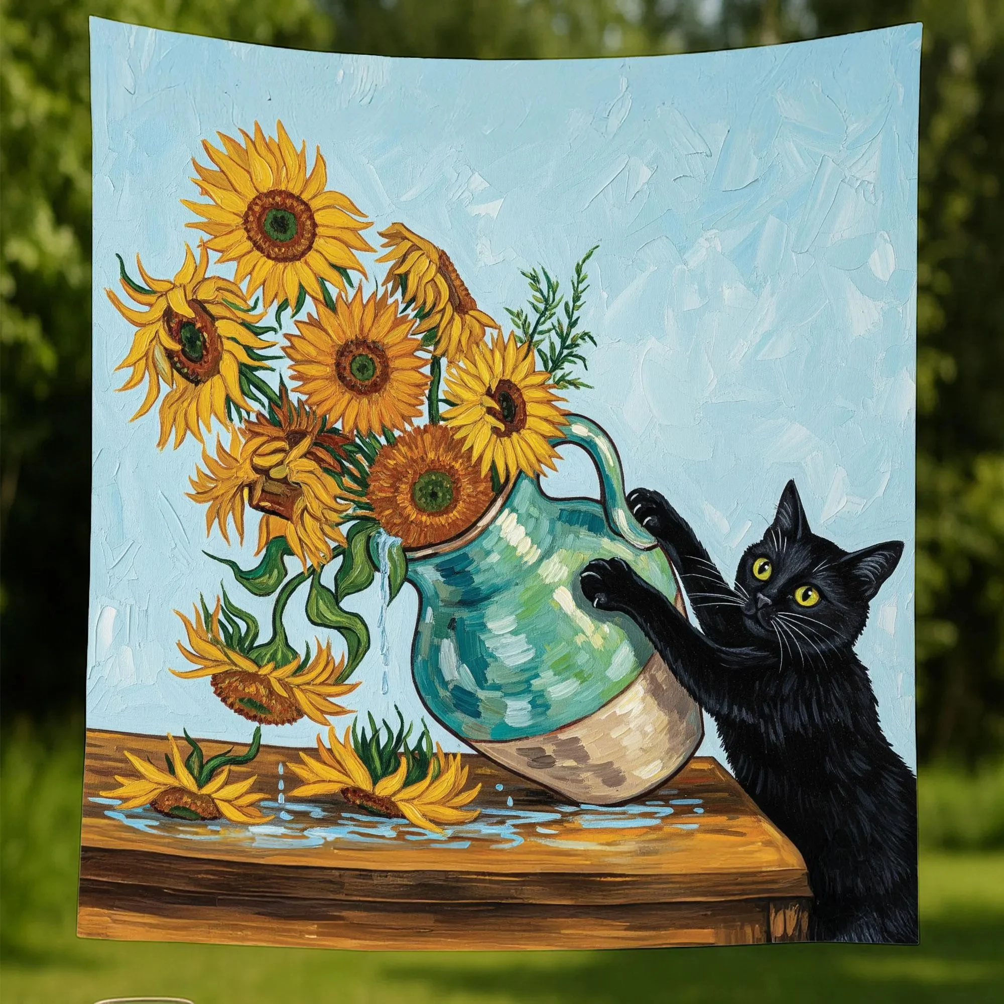 Funny Black Cat Tapestry, Sunflower Art Parody, Whimsical Boho Wall Decor for Bedroom & Living Room