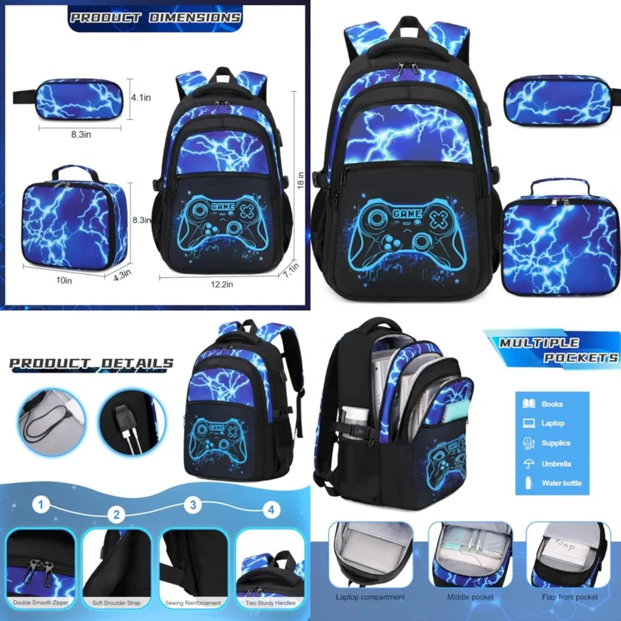 

Boys Backpack for School, 3PCS Cool Luminous Gamer Backpack for Boys with Lunch Box Pencil Case, Backpacks Bookbag for Teen Boy