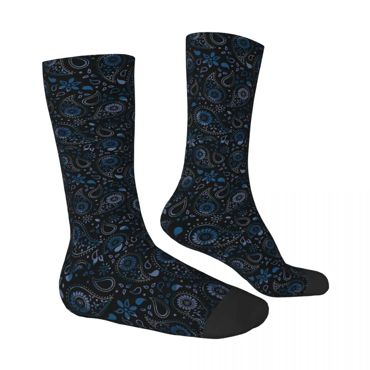 Shades Of Blue On Black Bohemian Paisley Socks Male Mens Women Summer Stockings Printed