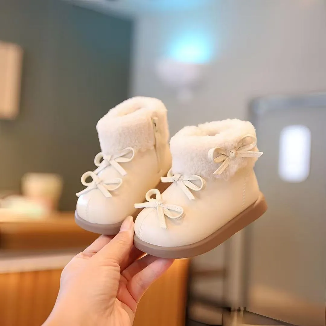 Children Snow Boots Girls Fashion Bowknot Baby Shoes Quality Leather Non-slip Warm Winter Boots Size 15-25