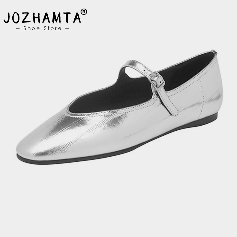 JOZHAMTA Size 32-42 Women Silver Mary Jane Shoes Real Leather Ballet Flats Shoes Low Heels Casual Daily Spring 2025 Office Dress