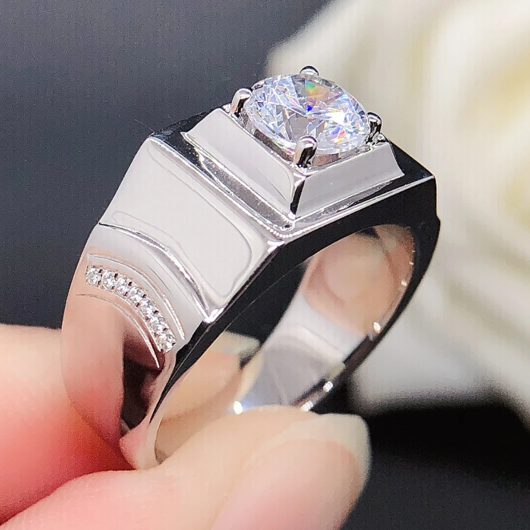 High Quality Men Ring 1-2 Carat 6.5-8.0mm Round Cut D Color Moissanite Ring Platinum 950 Ring for Him White Gold Male Ring 173