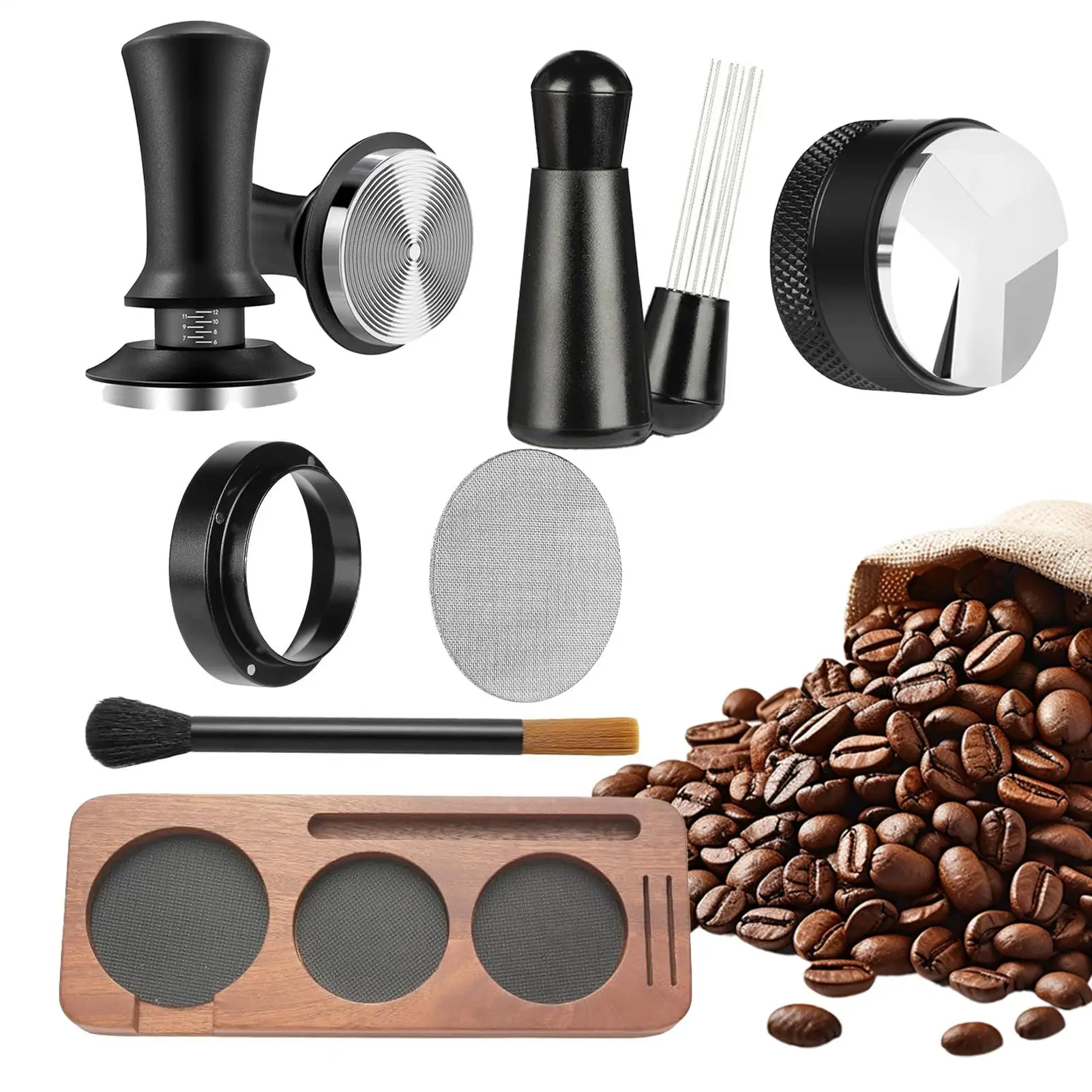 

Набор из 7 предметов для приготовления кофе: пресс для кофе, игла для распределения кофе, кольцо для кофе. Практичные профессиональные инструменты для кофе из нержавеющей стали.