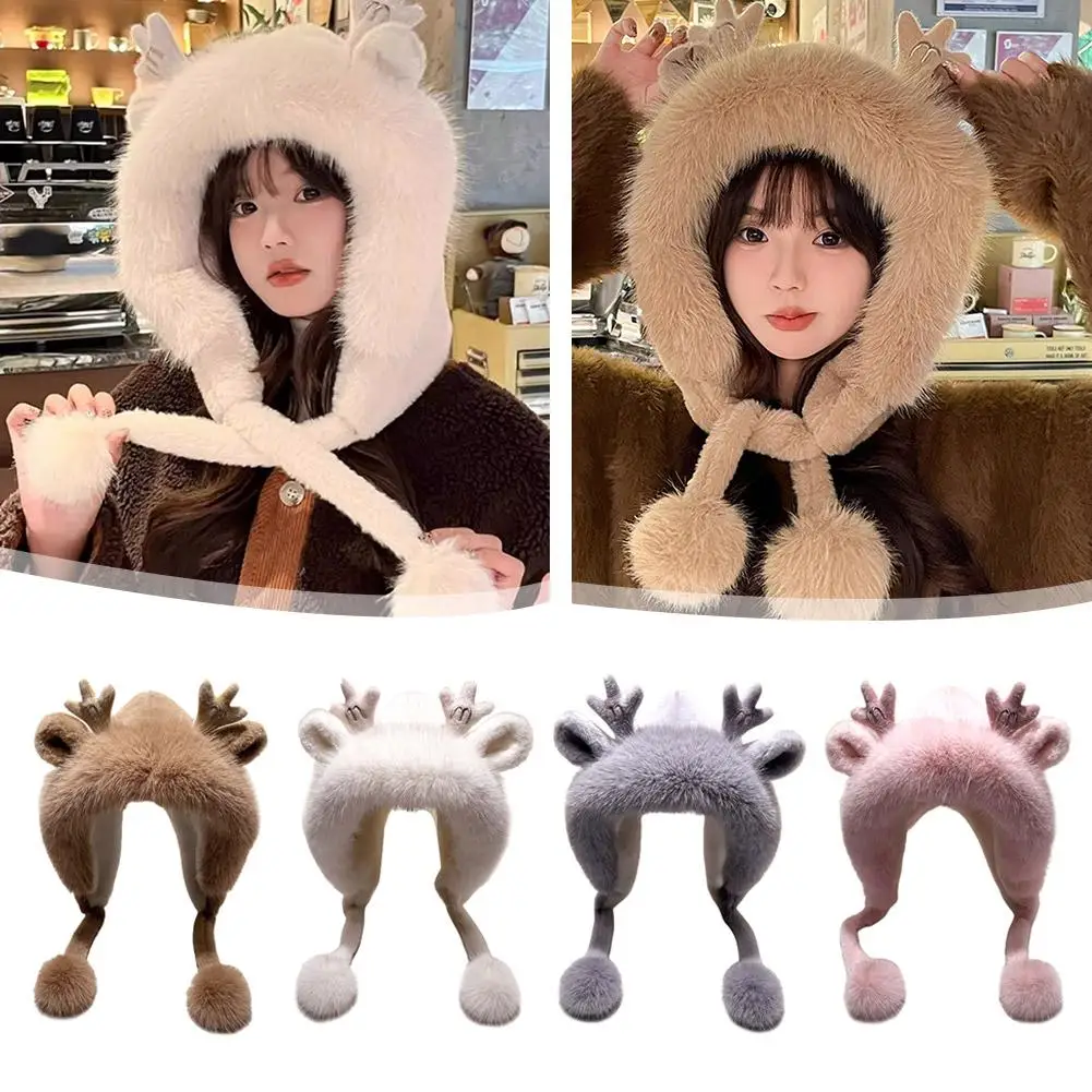 Winter Thickened With Velvet Warm Cycling Cold Hair Ball Ear Hooded New Deer Antler Plush Cute Hat For Woman E1x7