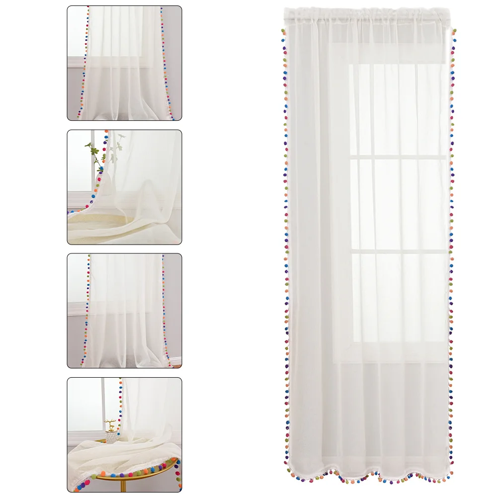 

Short Curtain for Kitchen Window Decor with Colorful Pompom Polyester Half Curtain Drape Farmhouse Cafe Curtains Home Supplies
