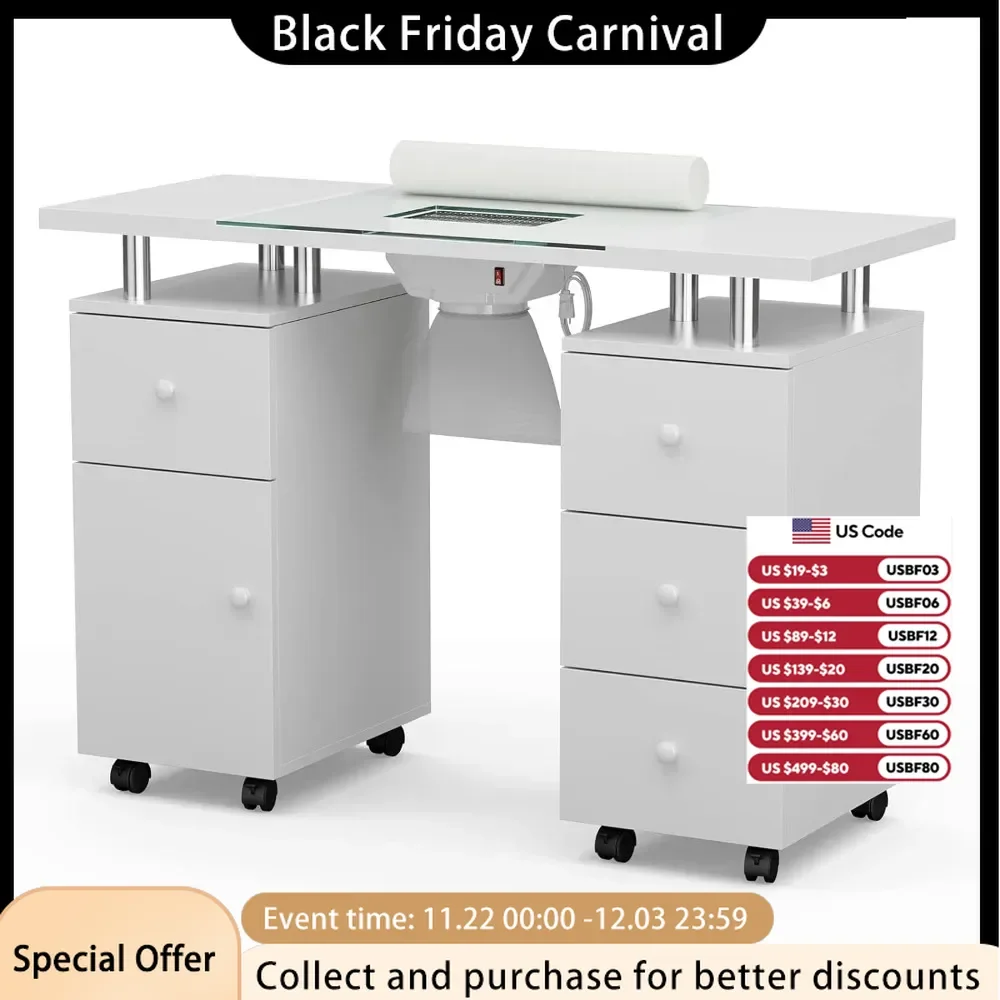 

Manicure Table Glass Top Nail Makeup Desk Nail Table Station for Nail Tech W/Electric Downdraft Vent Cushion Lockable Wheels