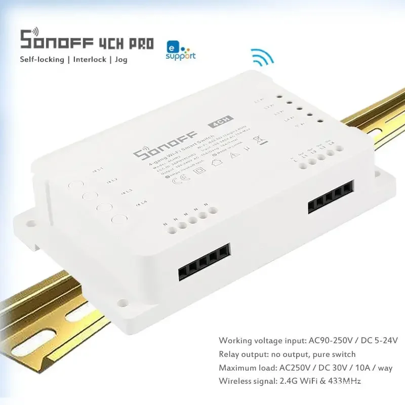 SONOFF-interruptor inteligente 4CH Pro R3, dispositivo inalámbrico con Wifi, 10A/Gang, 4 canales, 433 MHZ, RF, luces remotas, compatible con Alexa,