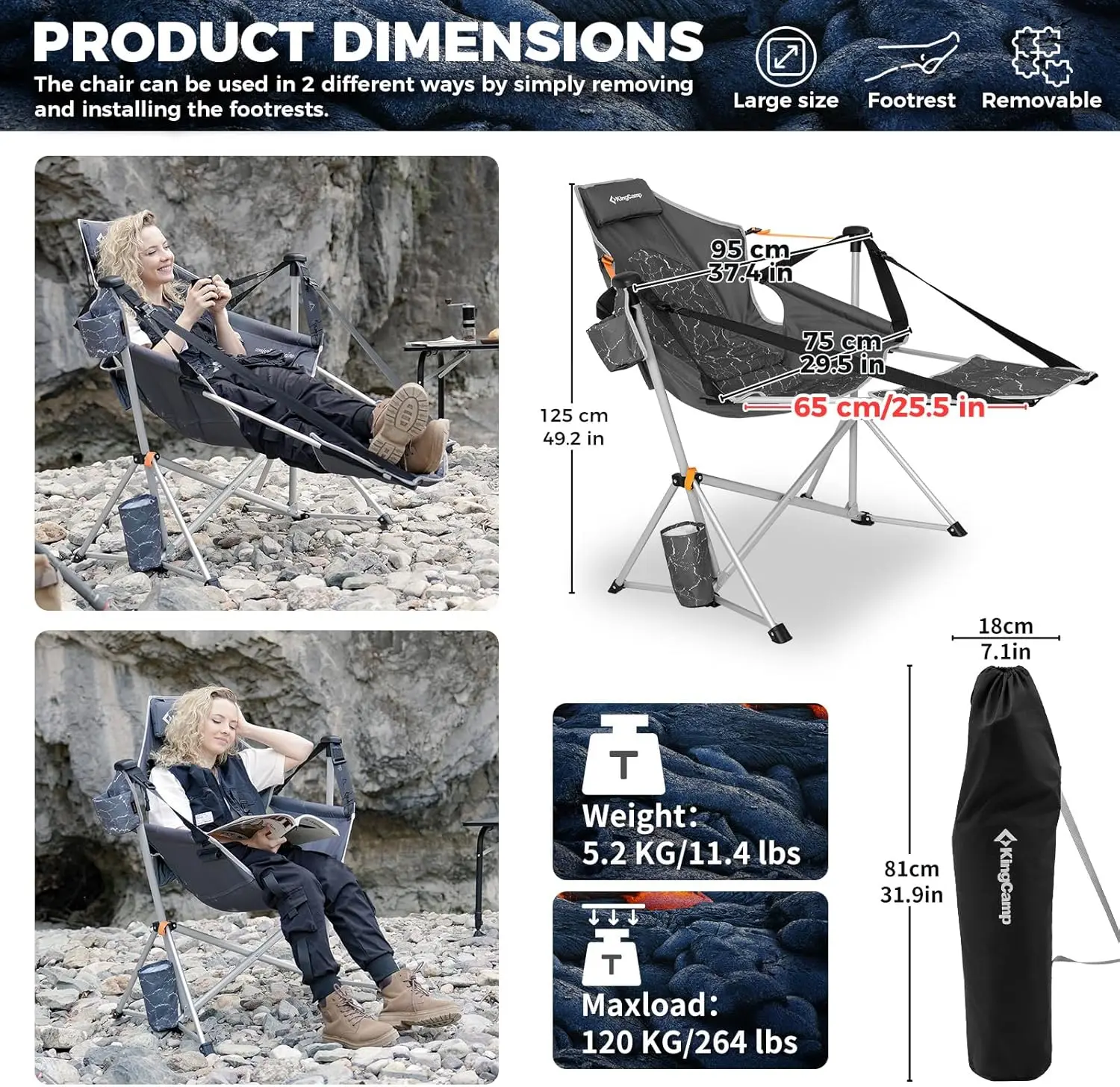 Camping , Hammock Chair, Folding Rocking , Aluminum Adjustable Back Swing , Chair with Removable Footrest Pillow