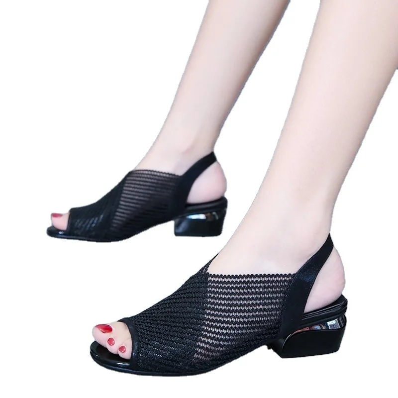 Women Sandals Fashion Thick Heel Peep Toe Women\'s Shoes Mesh Breathable Sandals Ladies Plus Size Girls Summer Beach Sandals