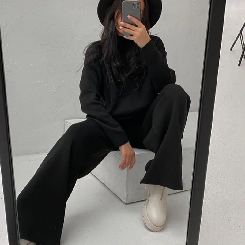 New Women Green Knitted Pants Sets Autumn Winter Stand Collar Loose Sweaters Tracksuits + Wide-Leg Trousers Suits Two Piece Set