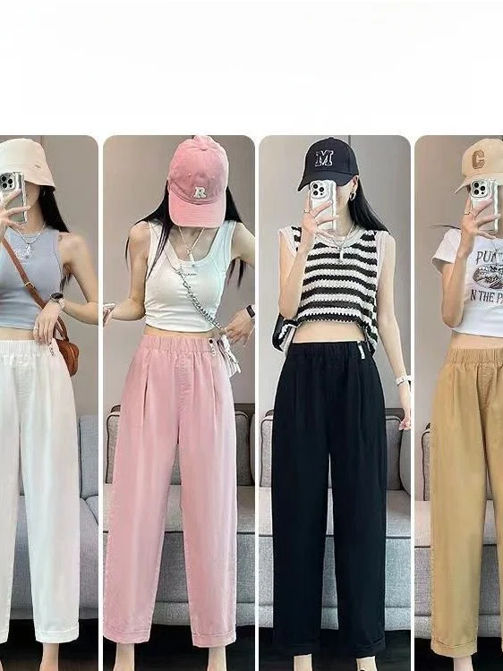 

Khaki Dad Pants Women Summer High Waist Loose Slimming Capri Ice Silk Harlan Pants Casual Loose Fit High Waist Elastic Waist